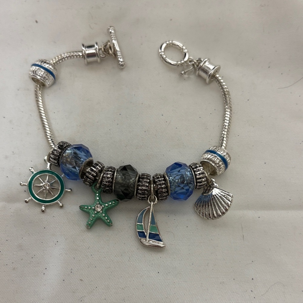 Nautical Silver Bracelet with Blue and Green Charms